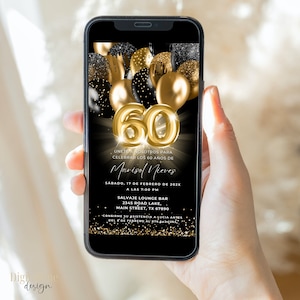 Spaanse 60e verjaardagsuitnodiging, 60 Años Invitación de Cumpleaños, zwarte gouden elegante uitnodiging, digitale 60e verjaardagsfeestje