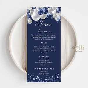 Edytowalny szablon karty menu, granatowe i srebrne balony z konfetti, możliwość personalizacji wydruku na kolacje z okazji ukończenia szkoły i urodzin, impreza świąteczna
