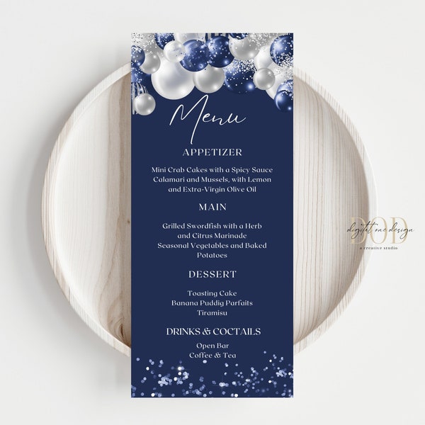 Editable Menu Card Template, Navy and Silver Balloons with Confetti, Customizable Printable for Graduation & Birthday Dinners, Festive Party