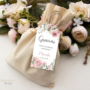 Floral & Pearls Thank You Tag, Gracias Por Celebrar Conmigo Tag, Editable Spanish Favor Label, Printable Birthday Gift Tag for Ladies Party