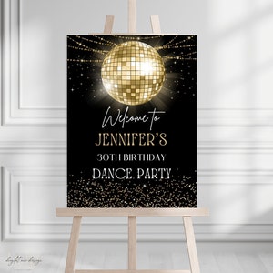 Signo de bienvenida de bola de discoteca, tema de bola de discoteca dorada, banner de fiesta disco retro de los años 70, signo editable e imprimible, cartel de decoración de graduación de cumpleaños