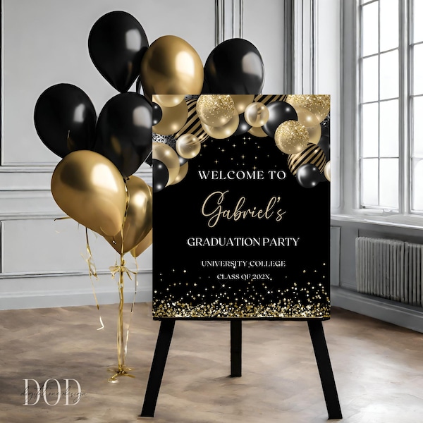 Graduation Party Welcome Sign, Editable & Instant Download, Black and Gold Balloons Theme, Grad Party Entryway Decoration, Graduation Sign