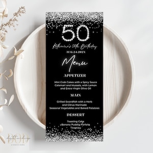 Carta menu cena diamante per il cinquantesimo compleanno, tema diamante nero e argento, cena, regalo per la celebrazione della pietra miliare, scintillio nero e argento