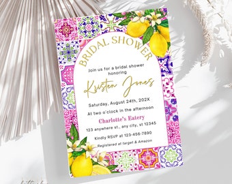 Mediterranean Lemon & Azulejo Tile Invitation, Citrus-Themed Pink Bridal Shower Brunch Invite for Wedding Festivity, Azulejo Pink Tiles