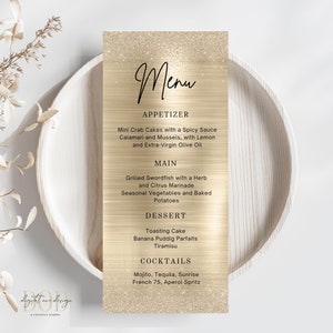 Eleganckie karty menu szablon, projekt z metalicznym brokatem w kolorze szampana, karta menu na kolację urodzinową, ukończenie szkoły, menu drinków, edytowalna karta menu wydarzenia