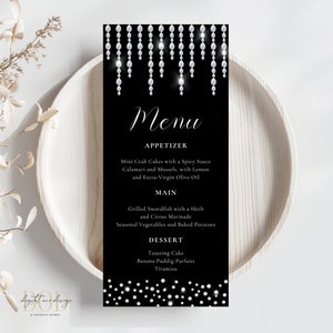 Edytowalny szablon menu imprezy Diamonds, menu wydarzenia do druku, karta menu Diamonds, menu urodzinowe Diamonds na każdą okazję, menu czarno-srebrne