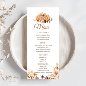 Plantilla de menú floral de calabaza editable, tema de calabaza con moño, cena de Acción de Gracias, tarjeta de menú de otoño, menú de decoración de mesa, menú de cumpleaños