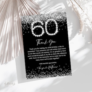 Tarjeta de agradecimiento editable para el 60.º cumpleaños, fiesta temática de diamantes, elegante en negro y plata brillante, mensaje de agradecimiento, nota de agradecimiento imprimible