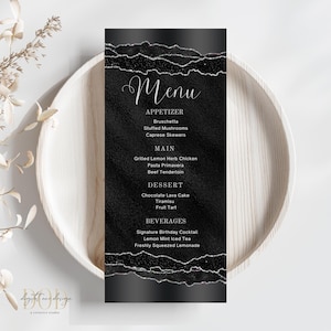 Edytowalna karta menu w kolorze czarno-srebrnym, błyszczący design na przyjęcia obiadowe, idealna na urodziny i uroczystości ukończenia szkoły, menu dekoracyjne stołu