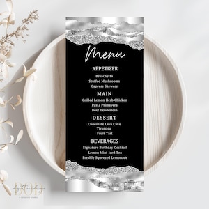 Silber-Schwarz-Menükartenvorlage, bearbeitbares Geburtstagsabendmenü, elegantes Event-Dekor, Luxus-Menüdesign, Silber-Schwarz-Themenparty