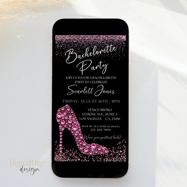 Glitzy Pink High Heel Bachelorette Party Invite, Stiletto Diamond Bling Bachelorette Invitation Digital,  Elegant Pink Glitter Heel Evite
