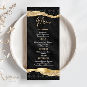 Edytowalny czarno-złoty szablon karty menu, elegancki brokatowy projekt na urodziny, przyjęcie z okazji ukończenia szkoły lub specjalne wydarzenia, menu na kolację dekoracyjną na stół