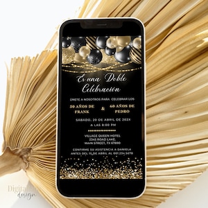 Convite de aniversário duplo espanhol, convite para celebração conjunta de adultos, celebração de aniversário de casal perfeito, glitter dourado preto e-vite