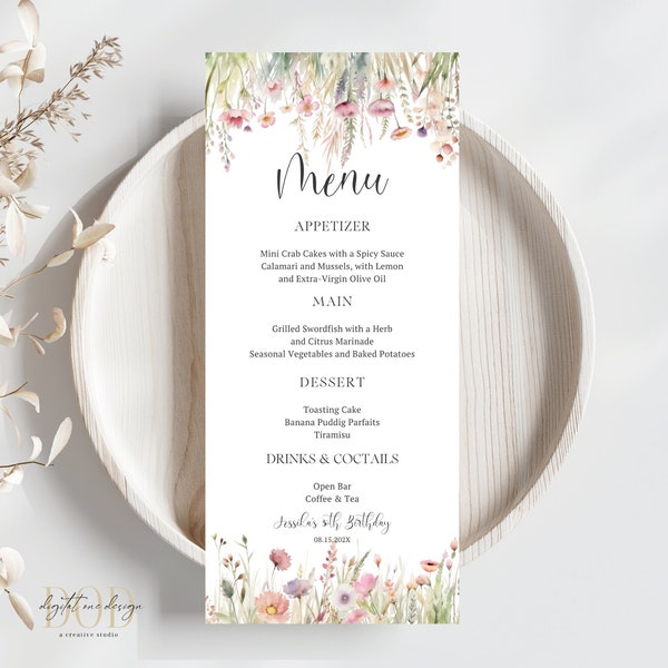 WildFlower Menu Card Template, Printable Birthday & Brunch Garden Party Menu, Floral WildFlower Editable Menu Card, Garden Theme Party