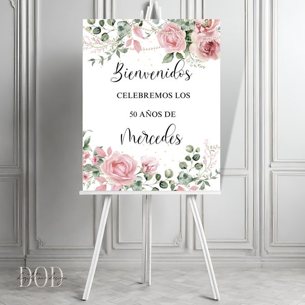 Spanish Birthday Welcome Sign, Printable Welcome Poster for Party Decor, Charming Entryway Display for Birthday Celebration, Floral & Pearls