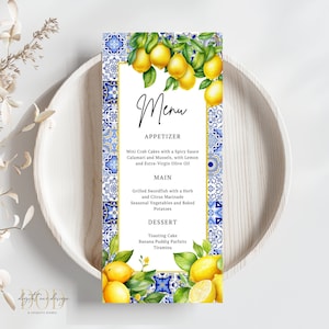 Menù di agrumi mediterranei, piastrelle blu della Costiera Amalfitana, ideale per compleanni, baby shower o addio al nubilato, decorazioni di limoni italiani, festa a tema Positano