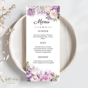 Modèle de carte de menu élégant, carte de menu à fleurs violettes et perles, carte de menu pour le dîner brunch décoration de table, douche nuptiale anniversaire baby shower