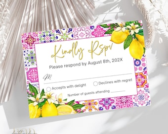Chic Mediterranean Pink Tile RSVP Card, Citrus Lemon Design for Bridal Shower, Birthday & Baby Shower Invitations, Vibrant Azulejos Style