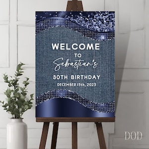 Denim-Willkommensschild-Vorlage, Denim-Glitter-Geburtstagsschild-Drucke, bearbeitbares Denim-Schild, jedes Alter, anpassbares Schild, sofort-Download