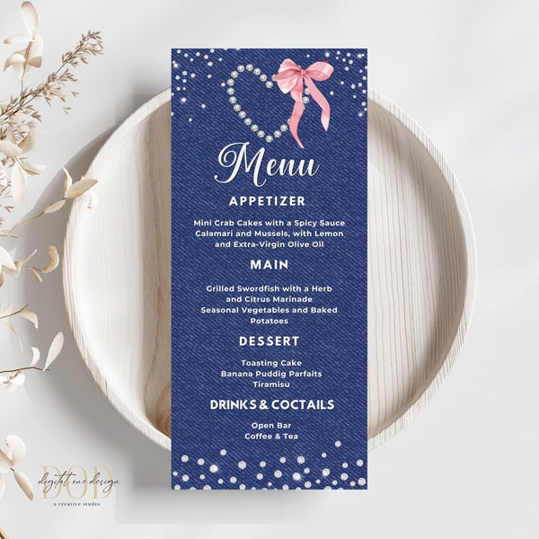 Denim and Diamond Menu Card Template, Elegant Heart Diamond and Pink Bow Design for Birthday Dinner Menus, Blue Jeans & Bling, Editable Menu