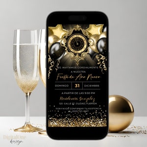 Uitnodiging voor Spaans nieuwjaarsfeest, gouden glitter ballonnen klok, Invitacion Fiesta de Año Nuevo, digitale uitnodiging NYE-feest, jaarlijks feest