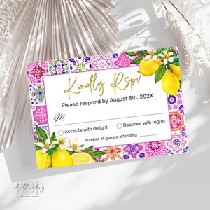 Schicke RSVP-Karte mit mediterranen rosa Fliesen, Zitrus-Zitronen-Design für Brautparty-, Geburtstags- und Babyparty-Einladungen, lebendiger Azulejos-Stil