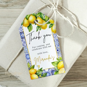 Etiquetas de agradecimento Blue Tile Citrus Lemon, etiquetas de lembrança de limão inspiradas na Costa Amalfitana, perfeitas para aniversários e presentes de agradecimento em qualquer ocasião