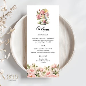 Elegantes rosa-rosa Blumen-Menü-Vorlage, Rosen-Tee-Party-Menü, Garten-Teepartys & Muttertag, Babyparty oder Brautjungfer-Mittagessen