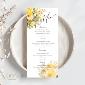Karta menu w kolorze żółtym z motywem kwiatowym, edytowalny i drukowany szablon na przyjęcia urodzinowe, panieńskie i z okazji ukończenia szkoły, elegancki szablon menu z motywem kwiatowym