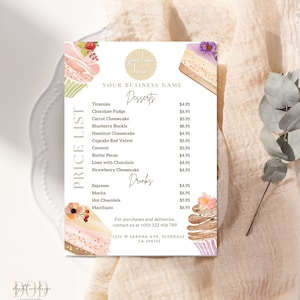 Modelo de lista de preços de sobremesas, modelo de menu editável, lista de preços de padaria, menu de cupcakes, menu de cafeteria, folha de preços de bolos, bebidas de sobremesas