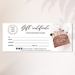 Plantilla de certificado de regalo de maquillaje de belleza, tarjeta de regalo imprimible y editable, plantilla de vale de regalo cosmético, descarga instantánea, salón de belleza