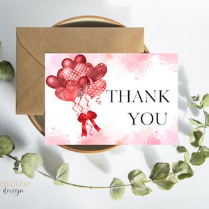 Carte de remerciement de la Saint-Valentin, amour coeur ballons Saint-Valentin, téléchargement immédiat, carte de remerciement pour les cadeaux, carte de remerciement coeur, imprimable