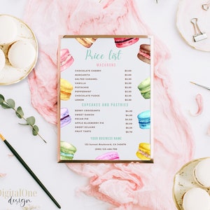 Modelo de lista de preços de macarons, menu de padaria faça você mesmo, planilha de preços de sobremesas e doces, negócio de padaria, Canva editável, lista de preços para pequenas empresas