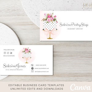 Modelo de cartão de visita de padaria, cartão de visita editável Canva, cartões de visita de sobremesa, cartão de visita de confeitaria, cartões de panificação, design de bolo doce