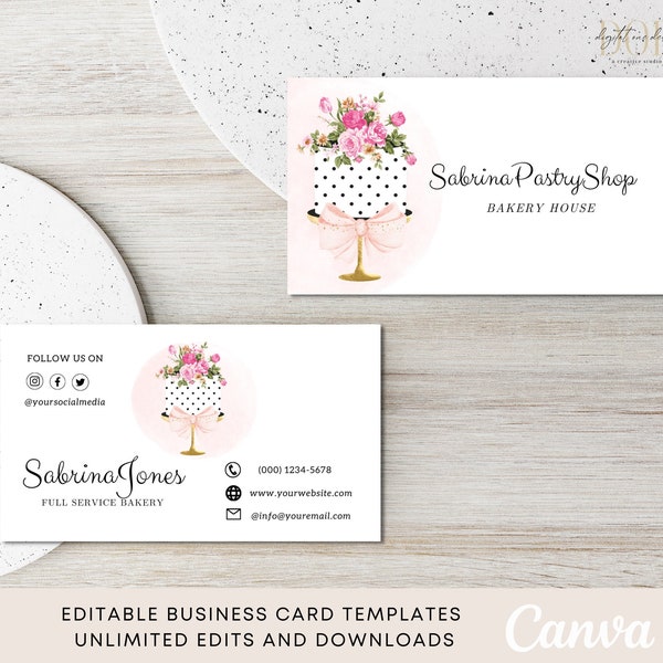 Bakery Business Card Template, Editable Business Card Canva, Dessert Business Cards, Pastry Business Card, Baking Cards, Sweet Cake Design