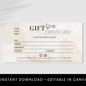 Plantilla de certificado de regalo imprimible y editada, plantilla de tarjeta de regalo Canva, vale de regalo, logotipo de cupón de regalo, certificado de regalo salón de belleza uñas
