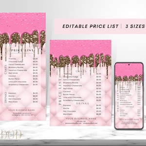 Modelo de lista de preços de bolos doces de padaria, menu editável de cafeteria, menu de sobremesas para impressão, planilha de preços de gotas de chocolate rosa, cupcakes de biscoitos