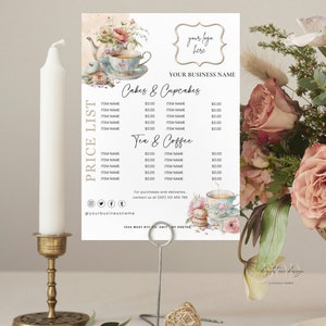 Modelo de lista de preços de padaria charmosa, design floral de xícara de chá, menu de sobremesas elegante, lojas de chá e café, empreendedores de padaria, guia de preços