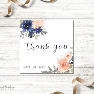 Etiquetas de agradecimiento florales imprimibles, rubor de acuarela y floral marino, etiquetas de regalo, etiquetas cuadradas, descarga instantánea, paquete de inserción de etiqueta de agradecimiento
