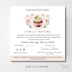 Plantilla de etiqueta de horneado de Cottage Law, etiqueta de panadería editable para muffins dulces, paquete de etiquetas de alimentos caseros, panadería de etiquetas de ingredientes de cupcakes