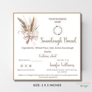 Sourdough Bread Label Template, Cottage Law Ingredients Food Label, Bakery Wheat Label Design for Homemade Bread Lovers, Wheat Bow Label
