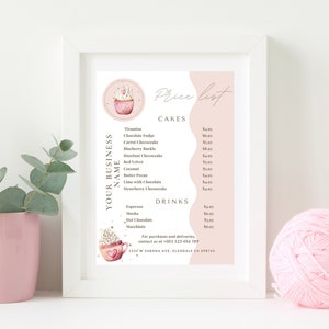 Lista de preços de padaria, modelo de menu editável, guia de preços de negócios, planilha de preços para impressão, lista de preços para impressão, menu de cafeteria para impressão