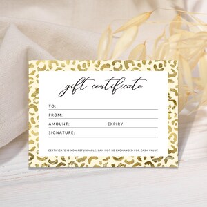 Plantilla de certificado de regalo moderna imprimible, plantilla de tarjeta de regalo, cupón editable, fondo de oro leopardo, plantilla de vale de regalo, regalo de bricolaje