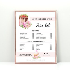 Modelo de lista de preços de padaria, modelo de menu editável, cafeteria, bolos de cupcake, biscoitos, sobremesas, lista de preços caseira