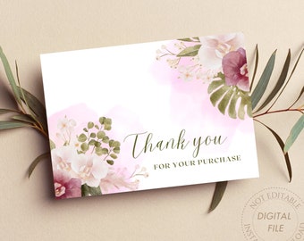 Thank you Card Instant Download, Thank you for your Purchase, Boho Floral Thank you Card Small Business, Watercolor Boho Notecard, Flat