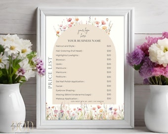 Modern Wild Floral Price List Template, Chic Menu Template for Small Beauty Businesses, Editable Pricing Guide, Makeup, Nail & Spa Salons