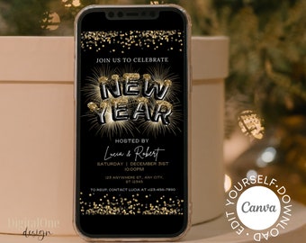 Electronic New Year Eve Invitation, Digital New Year Ecard, Balloons Black Gold Invitation, Holiday Party Cocktail Evite, Editable Template