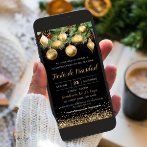 Uitnodiging voor Spaans kerstfeest, Invitacion Fiesta de Navidad, Spaanse vakantieuitnodiging, gouden kerstversieringen, jaarlijks kerstfeest