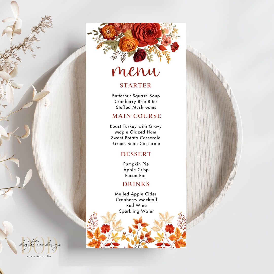 Fall Floral Embroidered Menu Card, Custom Thanksgiving Dinner Menu Card ...