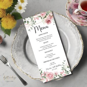 Elegant Birthday Menu Card Template, Pink Flowers & Pearls, Printable ...